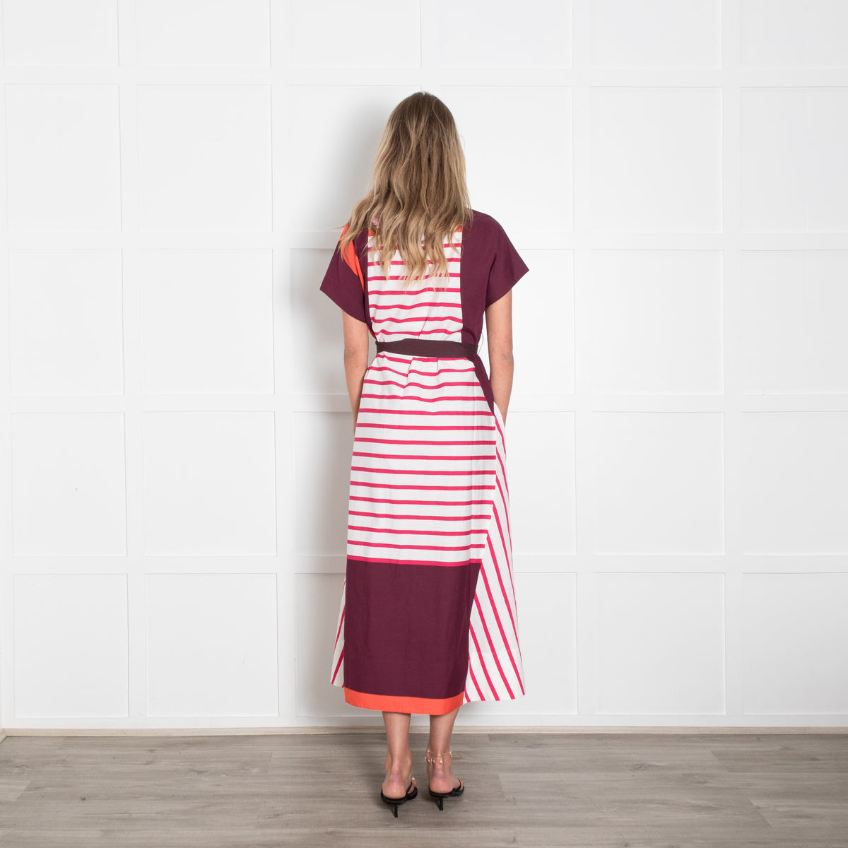 Piazza Sempione Burgundy and White Stripe Cotton Midi Dress