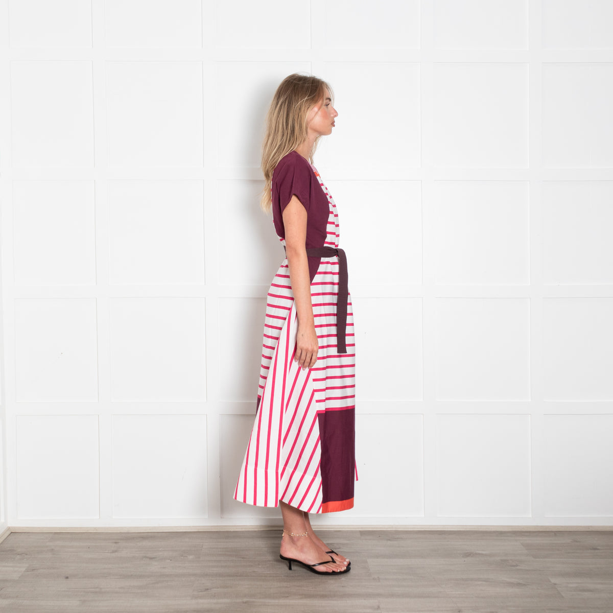 Piazza Sempione Burgundy and White Stripe Cotton Midi Dress