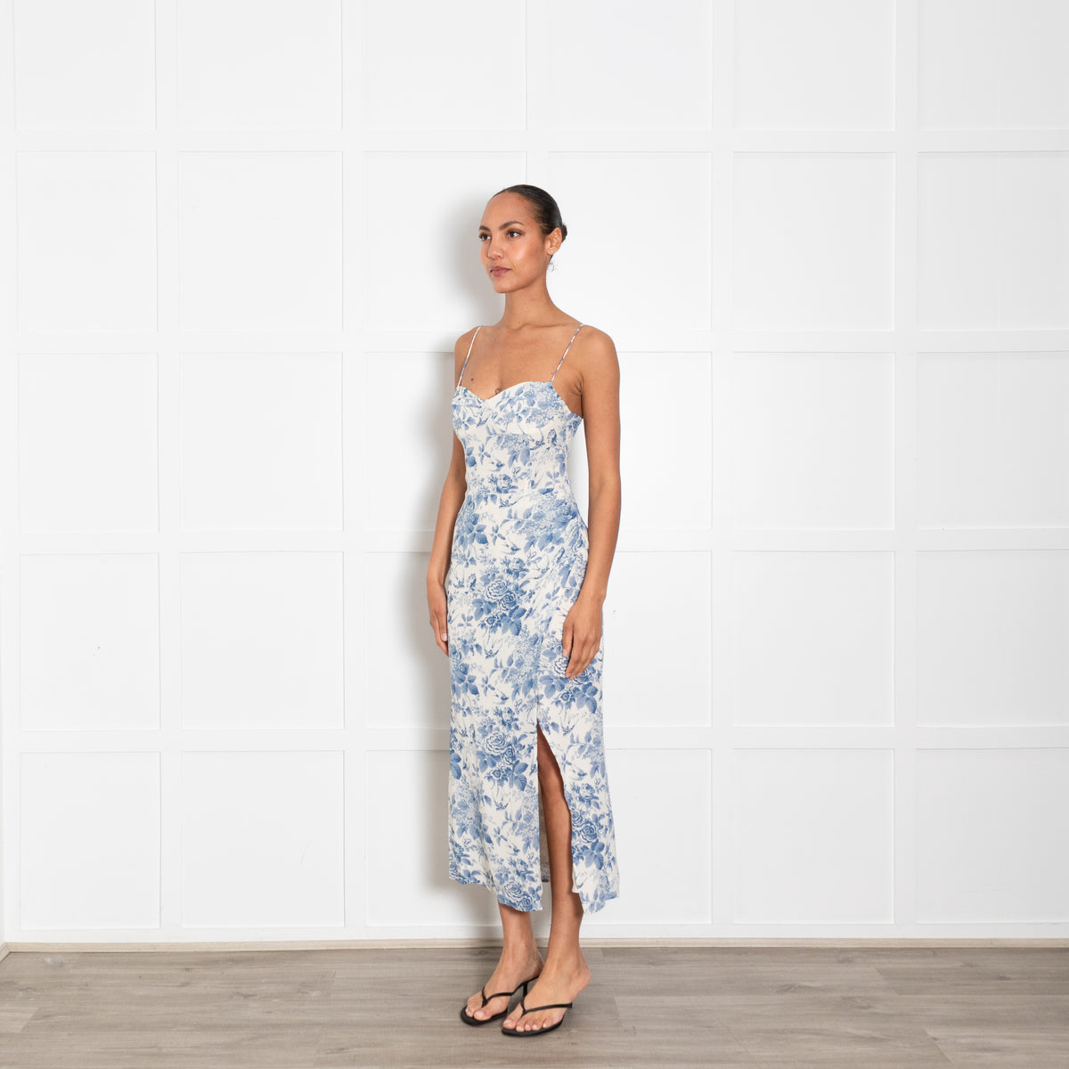 Reformation Blue and Cream Floral Spaghetti Strap Midi Dress