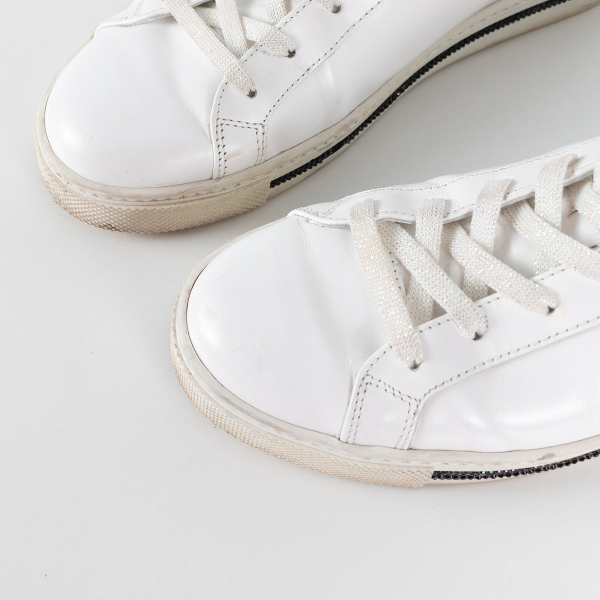 Rene Caovilla White Black Diamante Leather Trainers