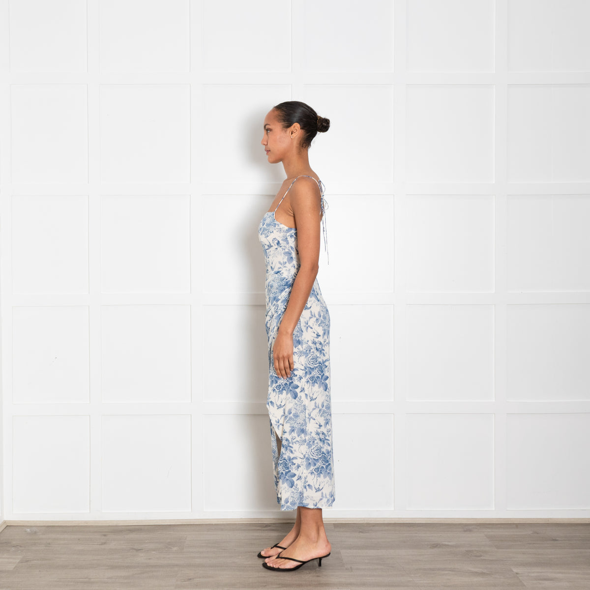 Reformation Blue and Cream Floral Spaghetti Strap Midi Dress