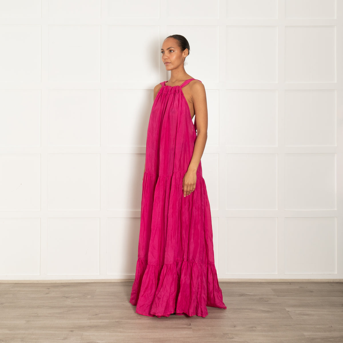 Kalita Magenta Pink Silk Oversized Strappy Maxi Dress