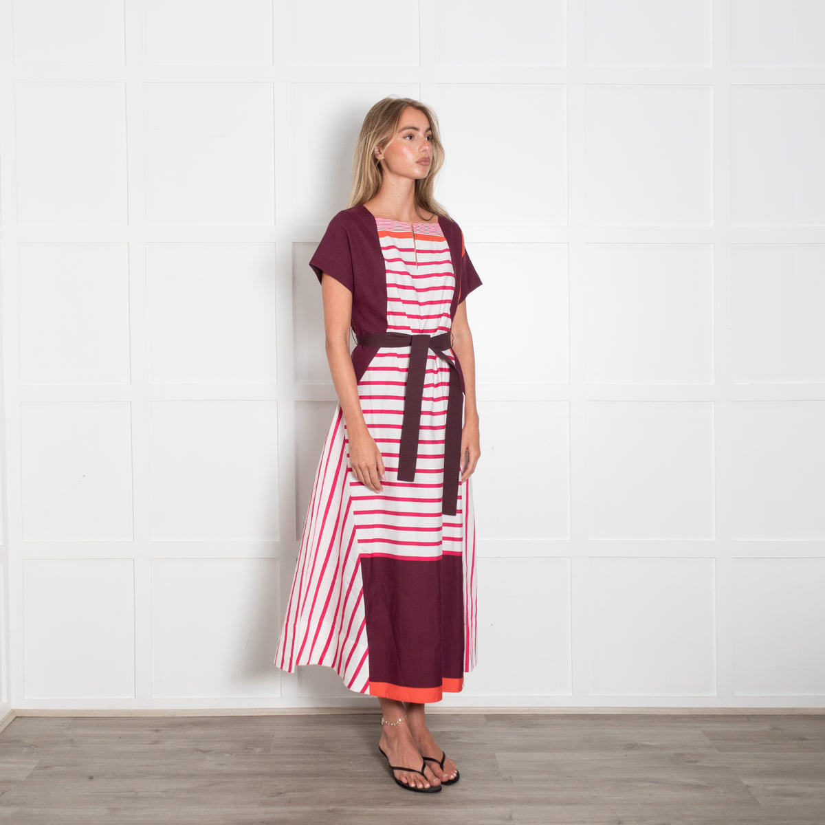 Piazza Sempione Burgundy and White Stripe Cotton Midi Dress