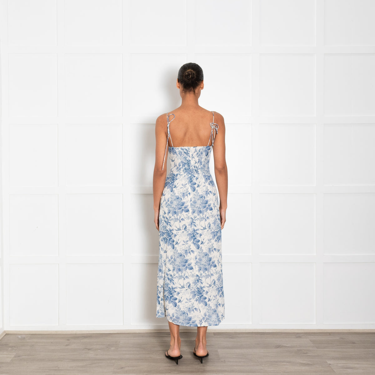 Reformation Blue and Cream Floral Spaghetti Strap Midi Dress