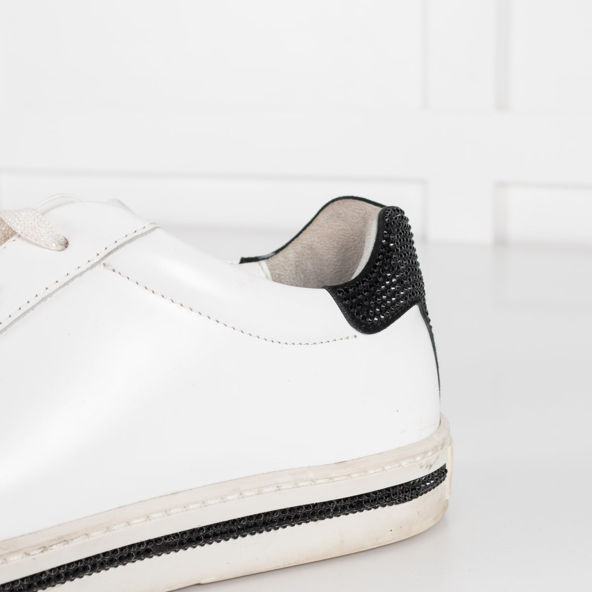 Rene Caovilla White Black Diamante Leather Trainers