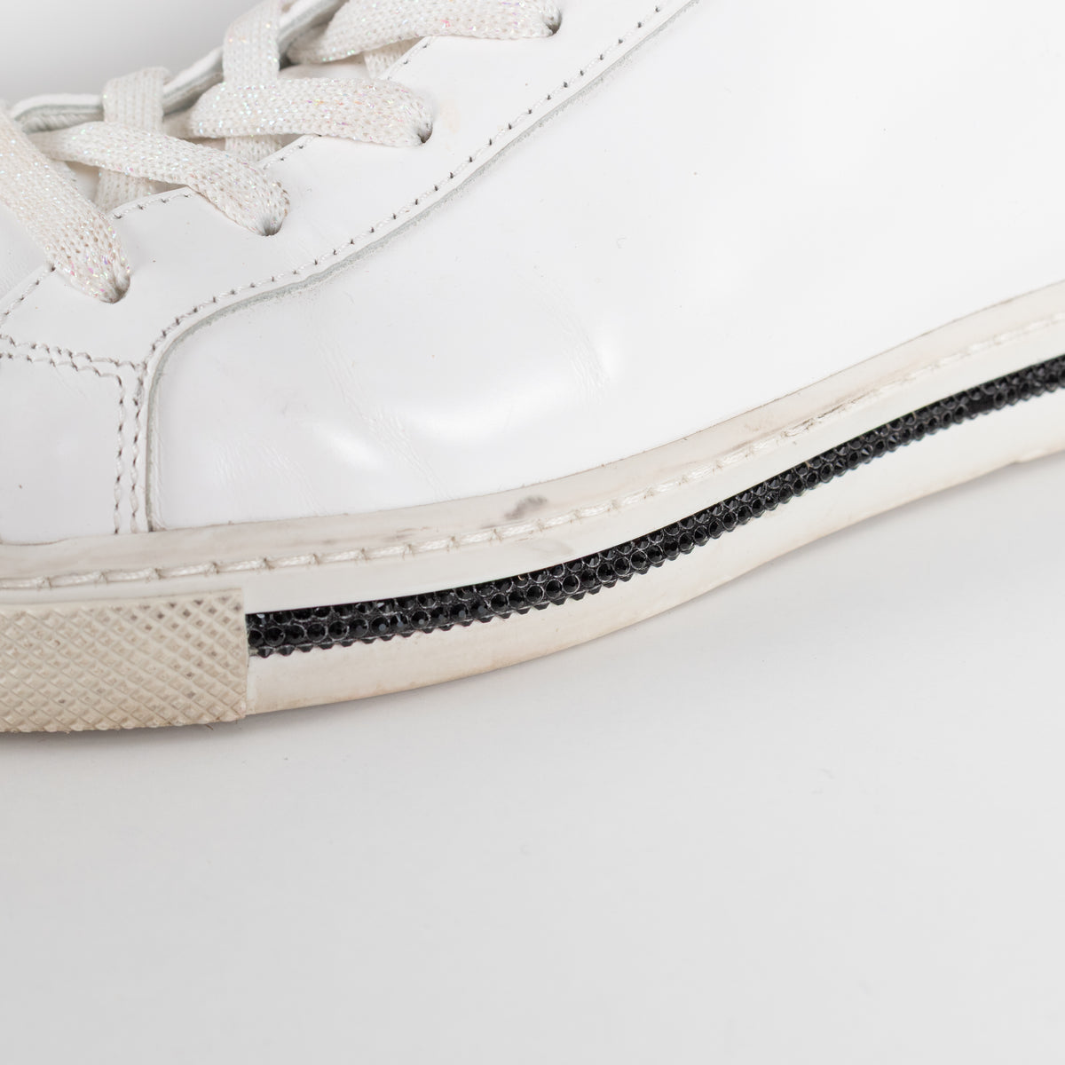 Rene Caovilla White Black Diamante Leather Trainers