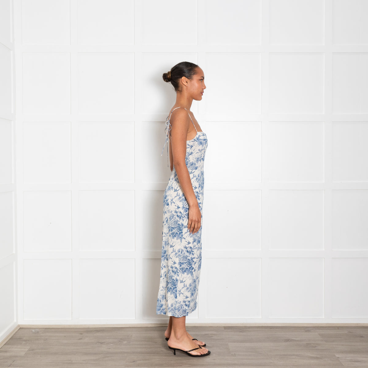Reformation Blue and Cream Floral Spaghetti Strap Midi Dress
