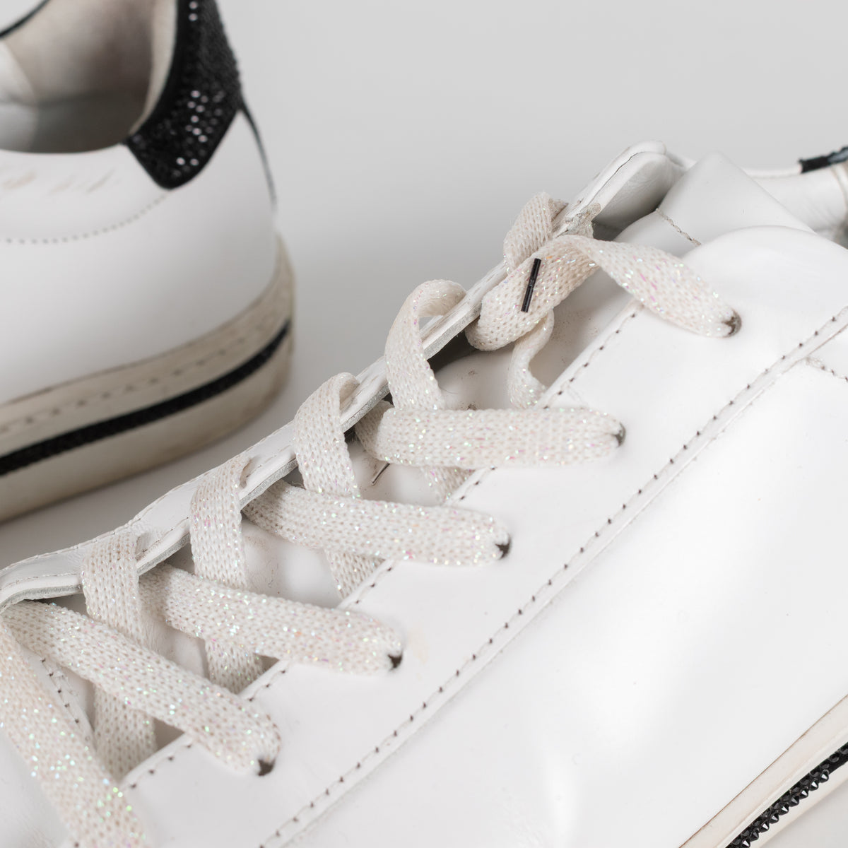 Rene Caovilla White Black Diamante Leather Trainers
