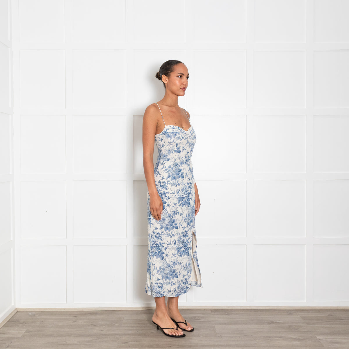 Reformation Blue and Cream Floral Spaghetti Strap Midi Dress