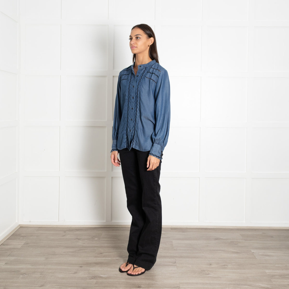 Pieszak Denim with Black Embroidery Collarless Shirt - Image 1