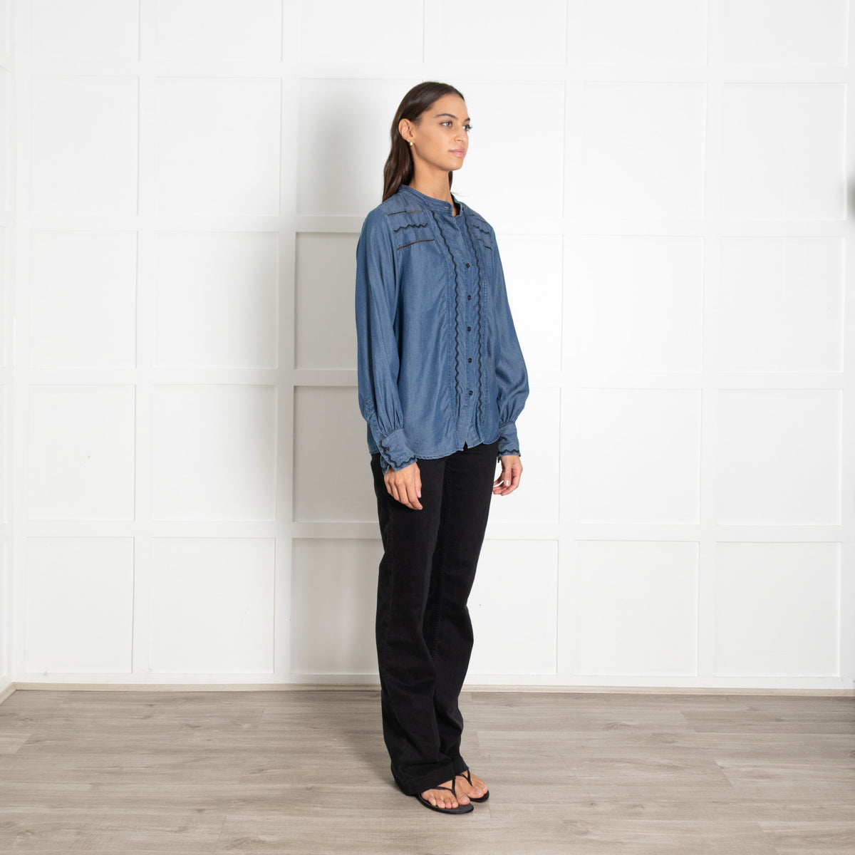 Pieszak Denim with Black Embroidery Collarless Shirt - Image 5