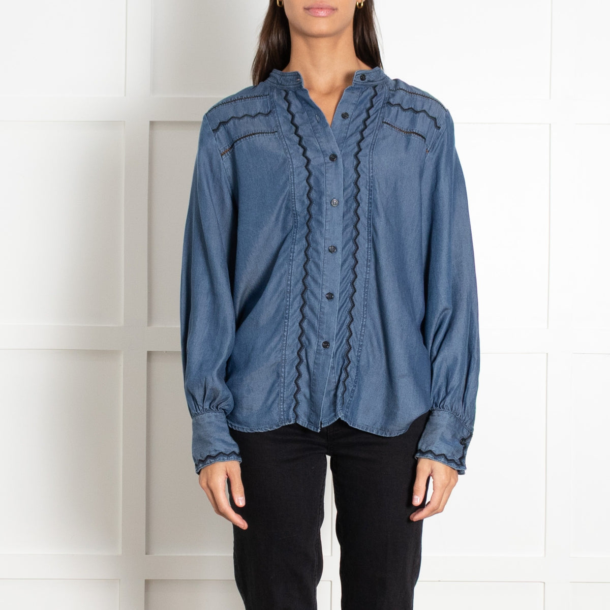 Pieszak Denim with Black Embroidery Collarless Shirt - Image 6