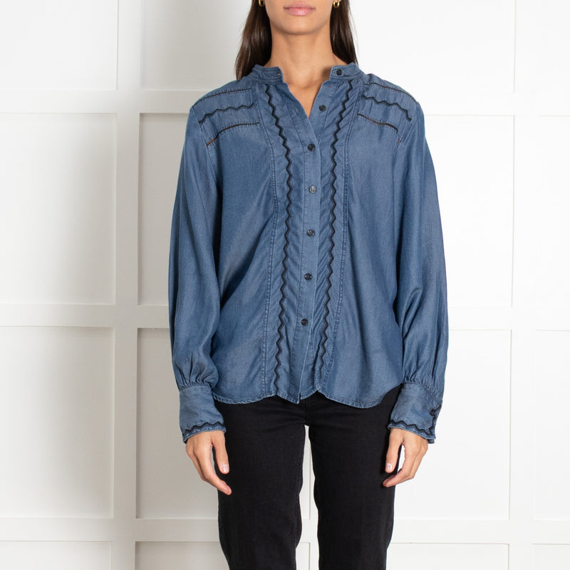 Pieszak Denim with Black Embroidery Collarless Shirt - Image 6