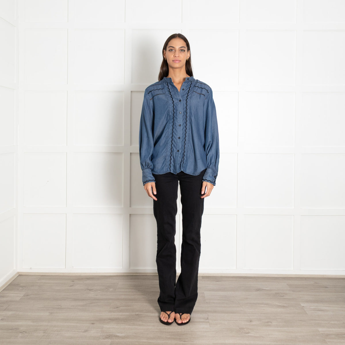 Pieszak Denim with Black Embroidery Collarless Shirt - Image 7