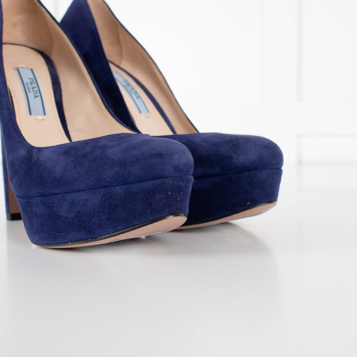 Prada Blue Suede Platform High Heel Shoes - Image 12