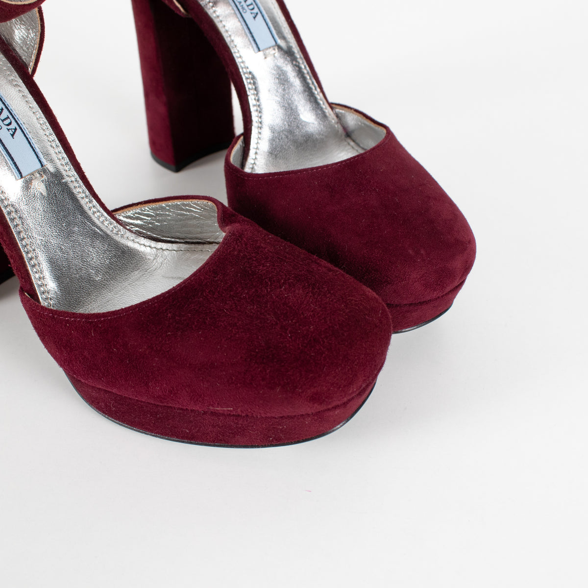 Prada Burgundy Suede Platform Heels - Image 11