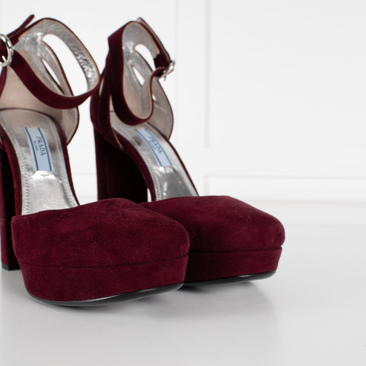 Prada Burgundy Suede Platform Heels - Image 12