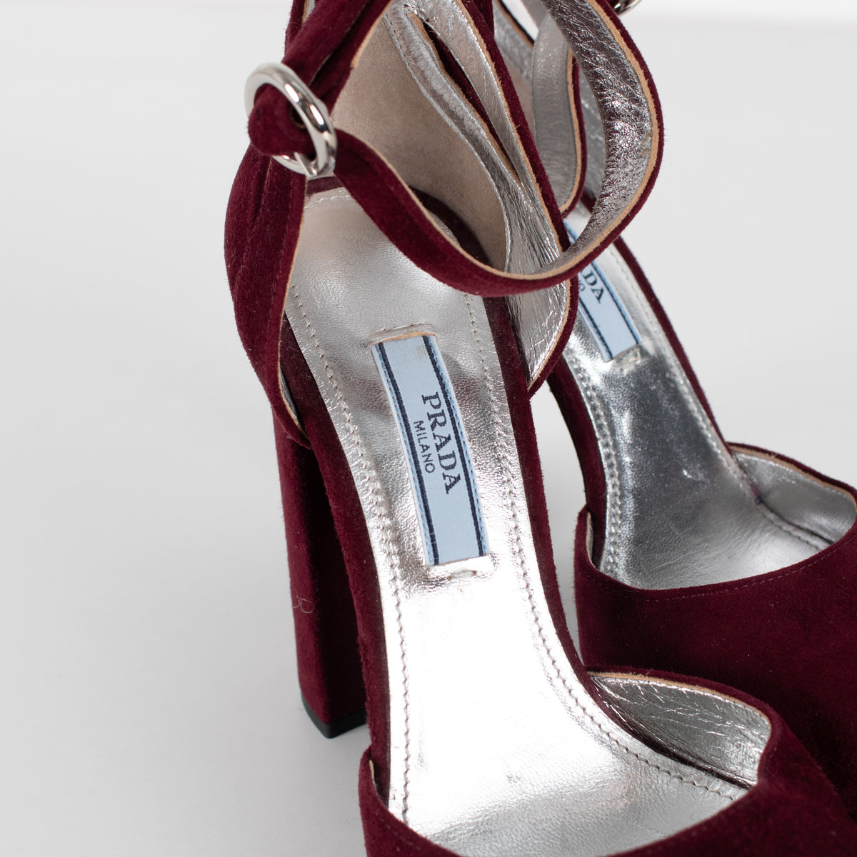Prada Burgundy Suede Platform Heels - Image 13