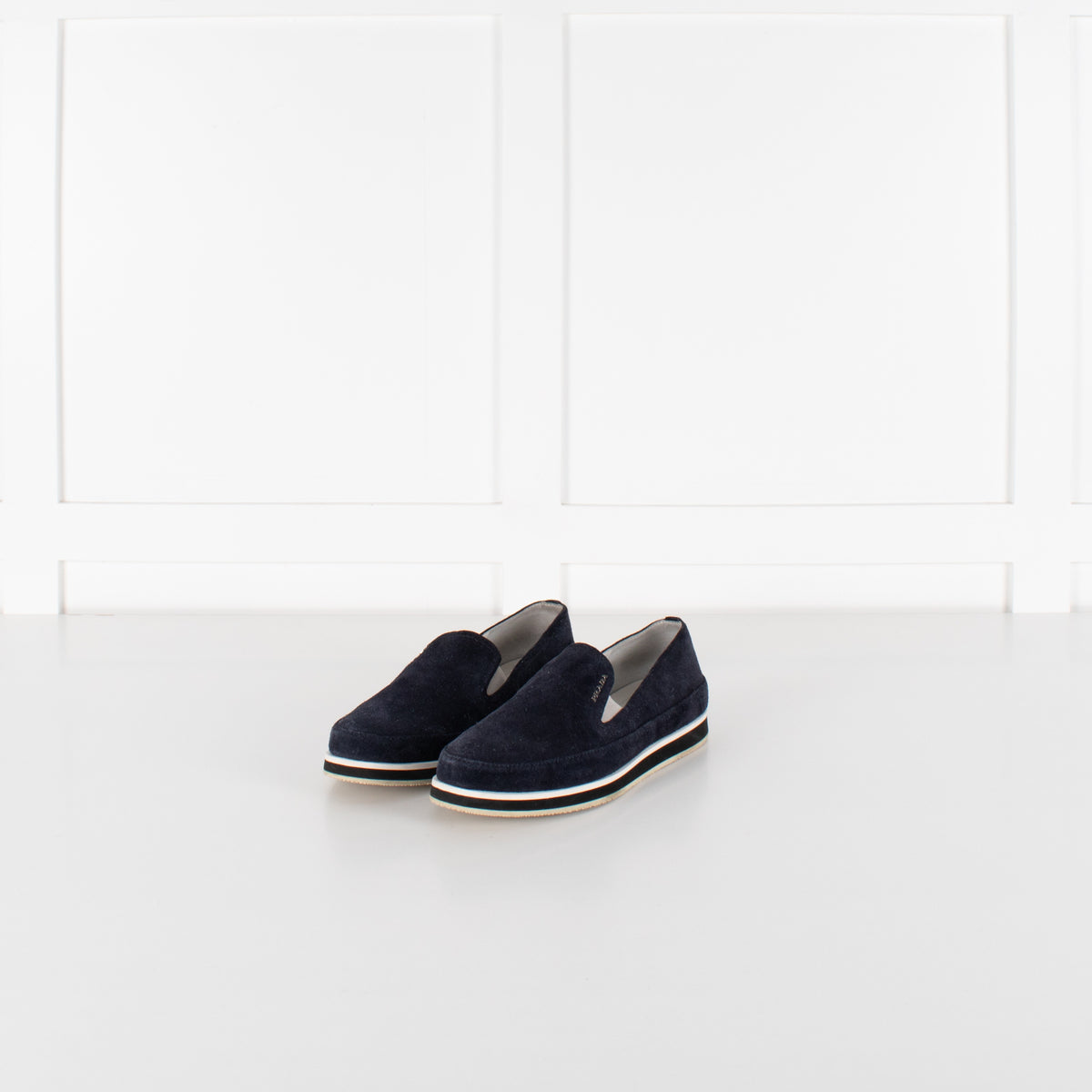 Prada Sport Navy Blue Suede Slip On Loafers - Image 2