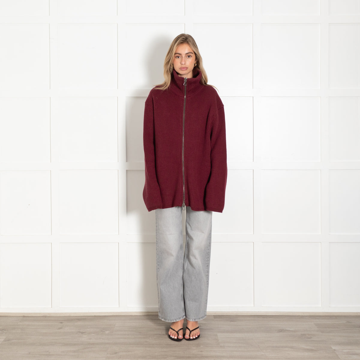 Raey Burgundy Ribbed Zip-Up Cardigan Sweater - Image 1