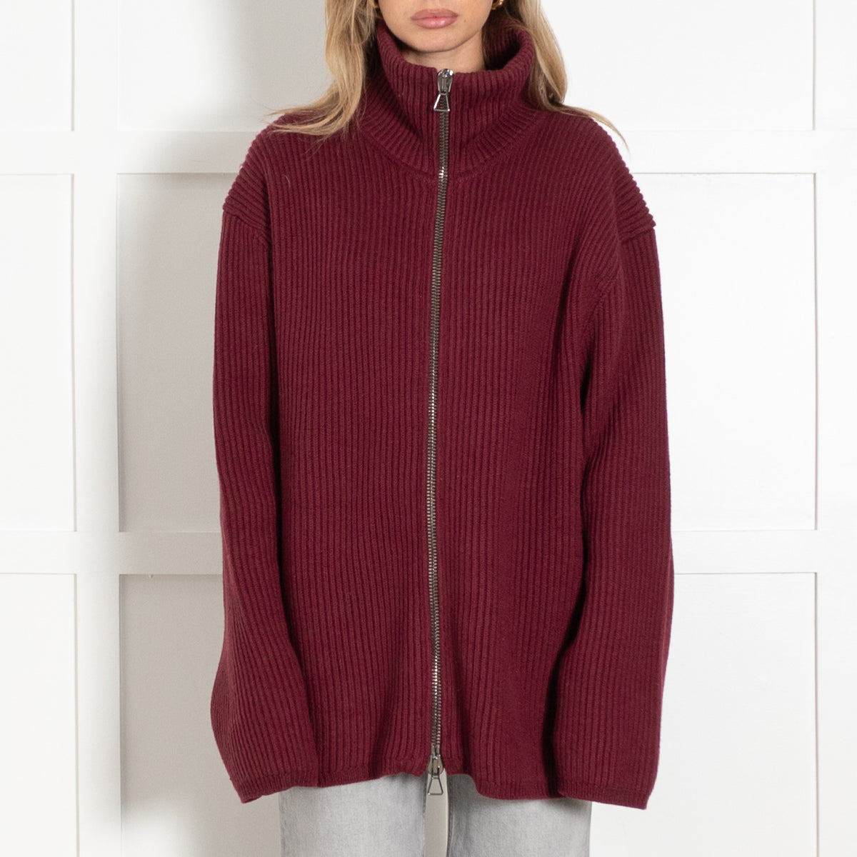 Raey Burgundy Ribbed Zip-Up Cardigan Sweater - Image 2