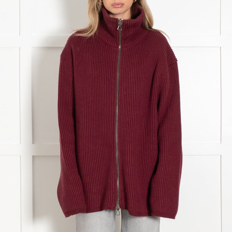 Raey Burgundy Ribbed Zip-Up Cardigan Sweater - Image 2