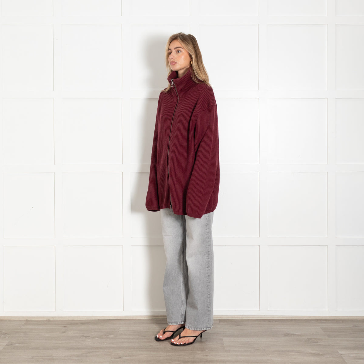 Raey Burgundy Ribbed Zip-Up Cardigan Sweater - Image 3