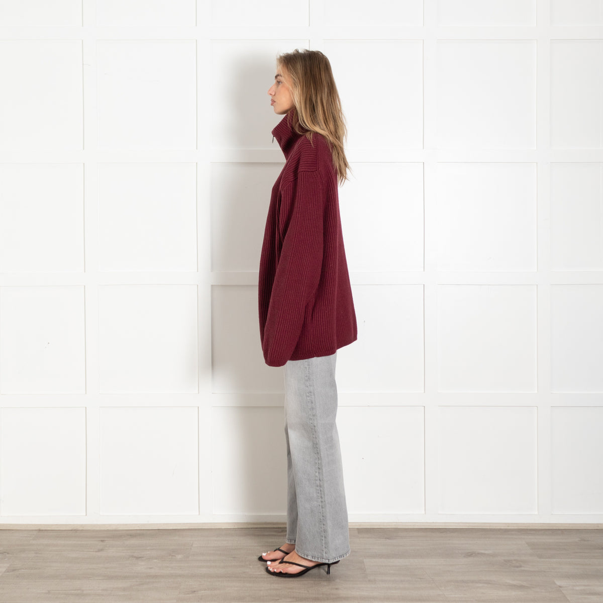 Raey Burgundy Ribbed Zip-Up Cardigan Sweater - Image 4
