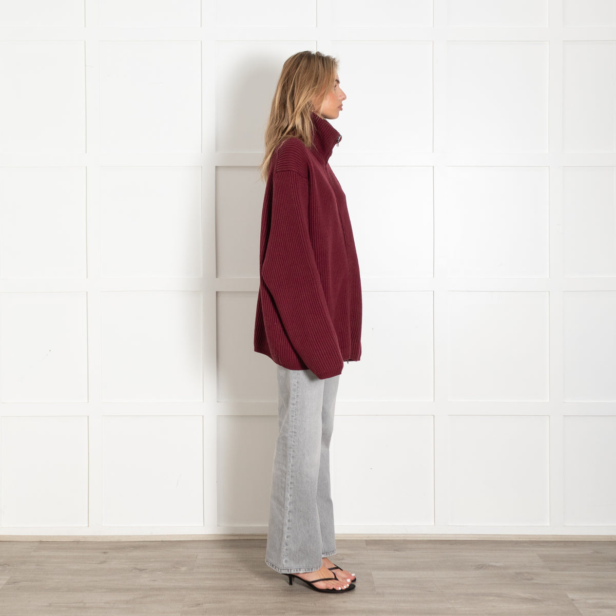 Raey Burgundy Ribbed Zip-Up Cardigan Sweater - Image 6