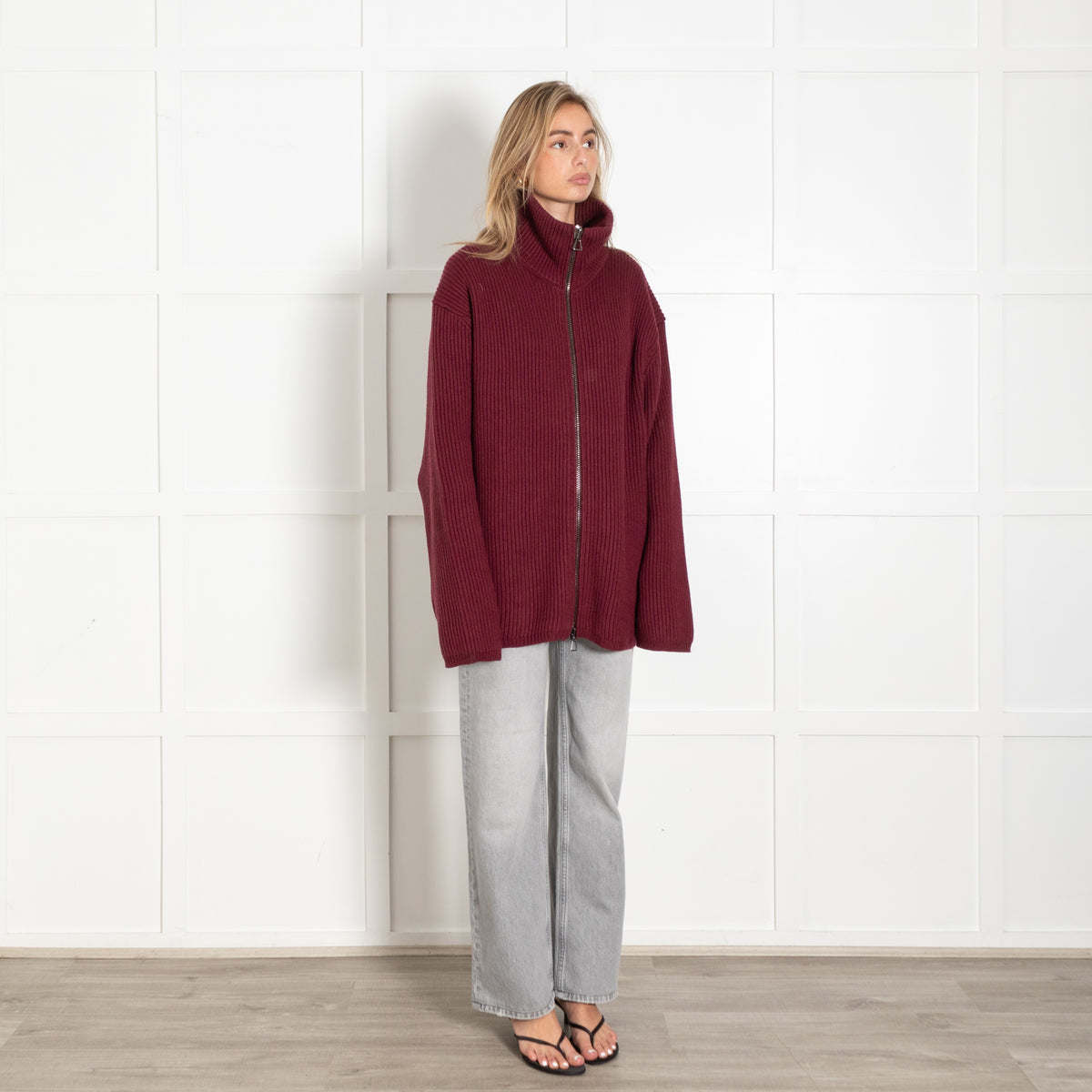 Raey Burgundy Ribbed Zip-Up Cardigan Sweater - Image 7