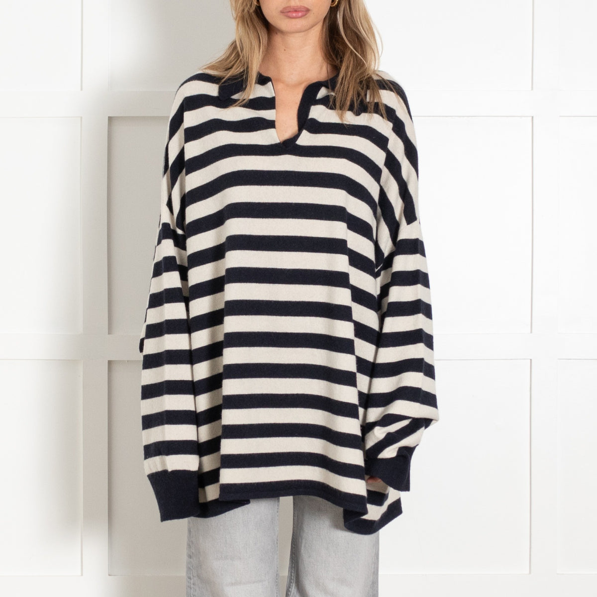 Striped Cashmere Oversized Polo Sweater - Image 1