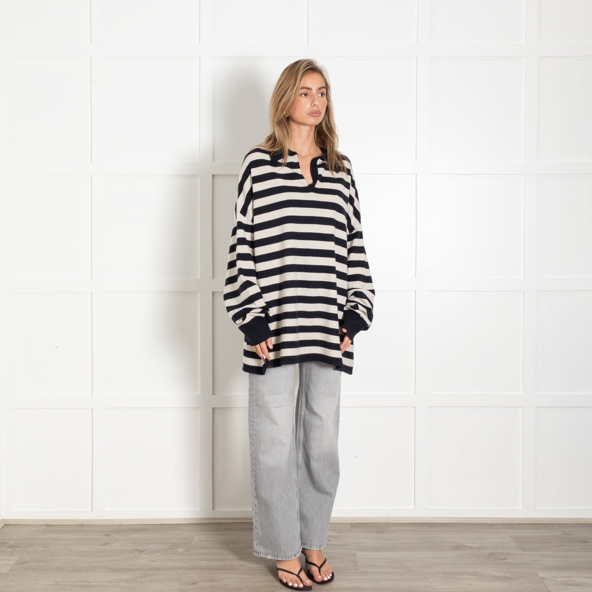 Striped Cashmere Oversized Polo Sweater - Image 6