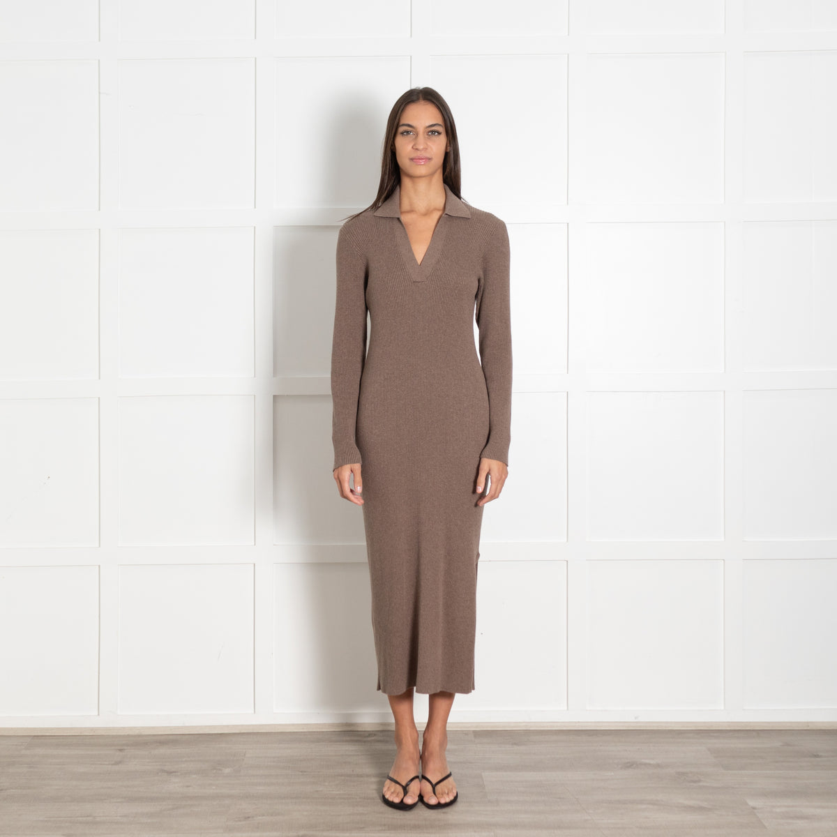 Rails Brown Ribbed Collar V Neck Sweater Dress - Image 1