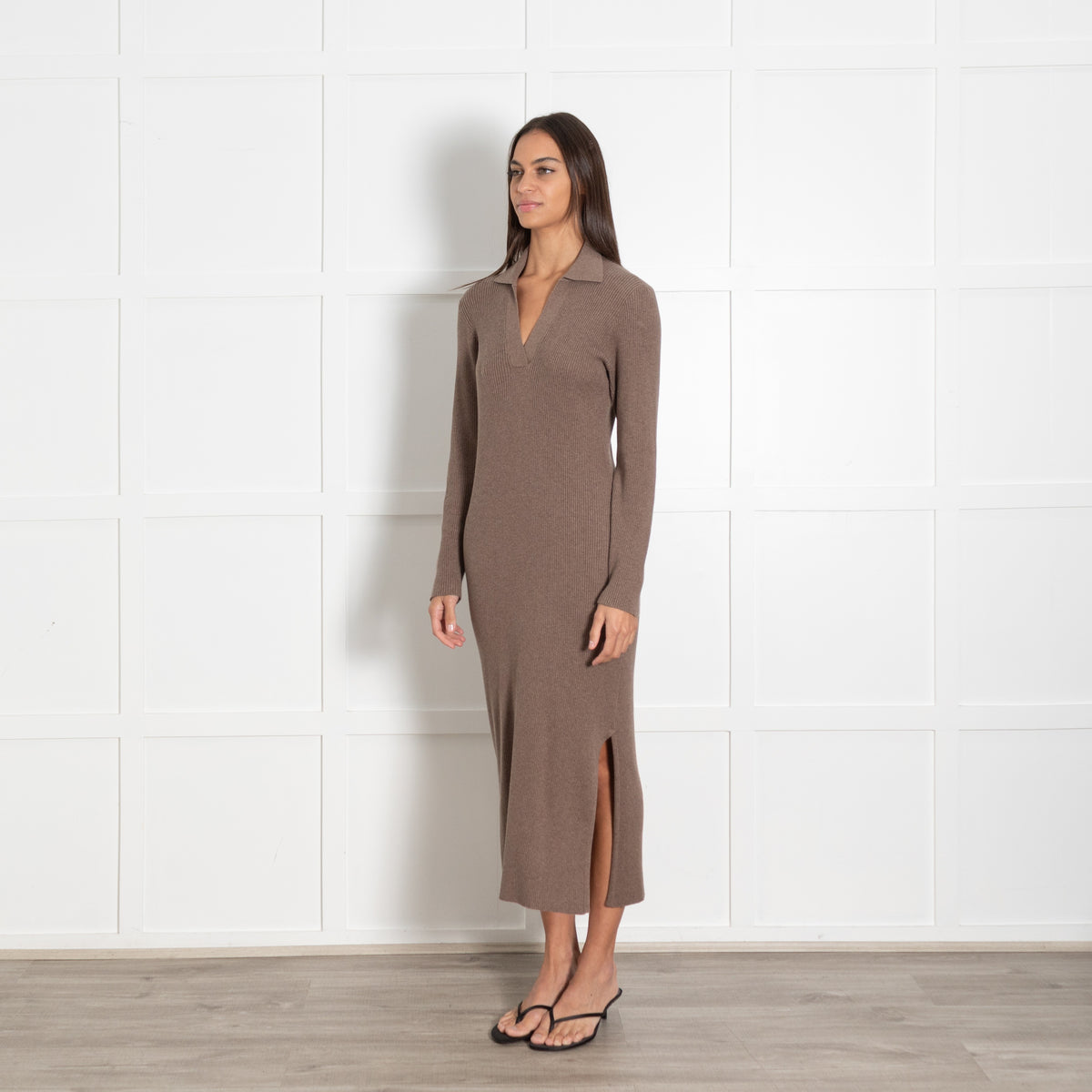 Rails Brown Ribbed Collar V Neck Sweater Dress - Image 3