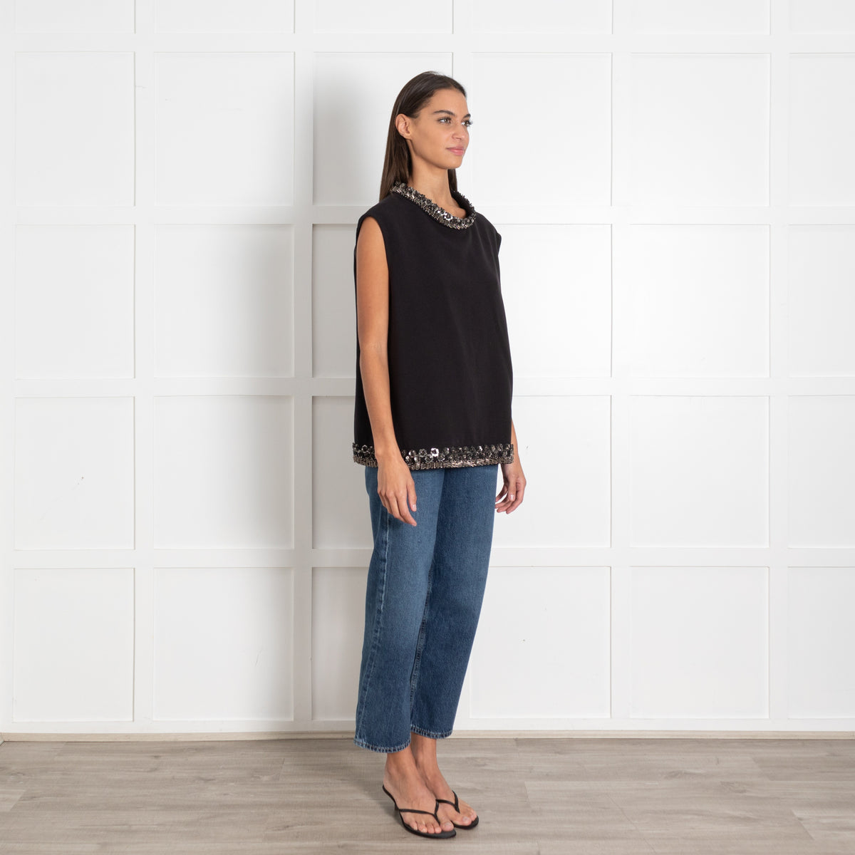 Raoul Black Sequin Trim Mock Neck Sleeveless Top - Image 7