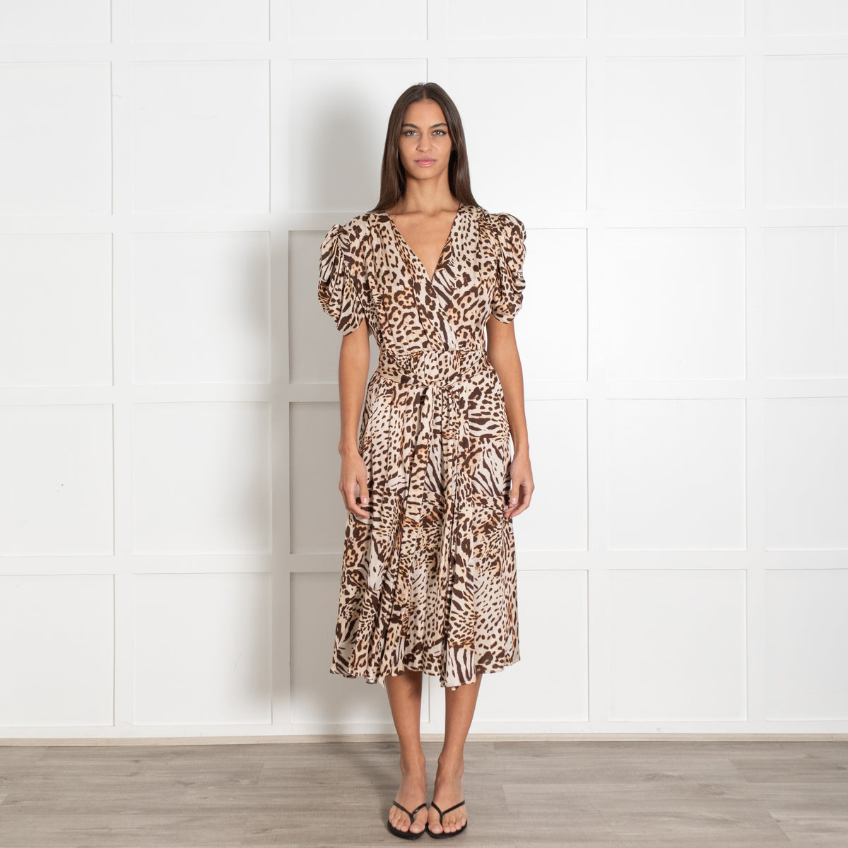RAVN RAVN Beige & Brown Animal Print Puff Sleeve Dress - Image 1