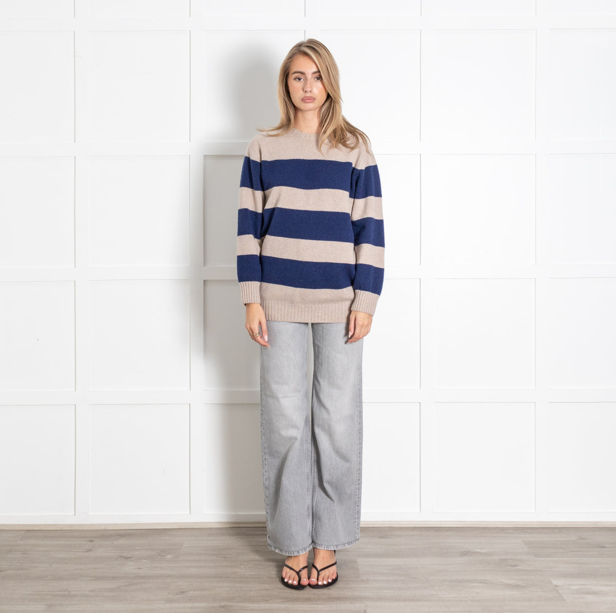Really Wild Beige & Navy Striped Crewneck Sweater - Image 1