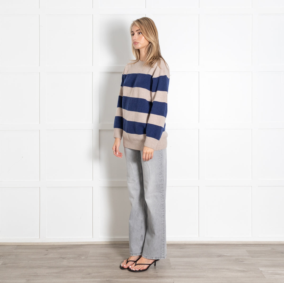 Really Wild Beige & Navy Striped Crewneck Sweater - Image 3
