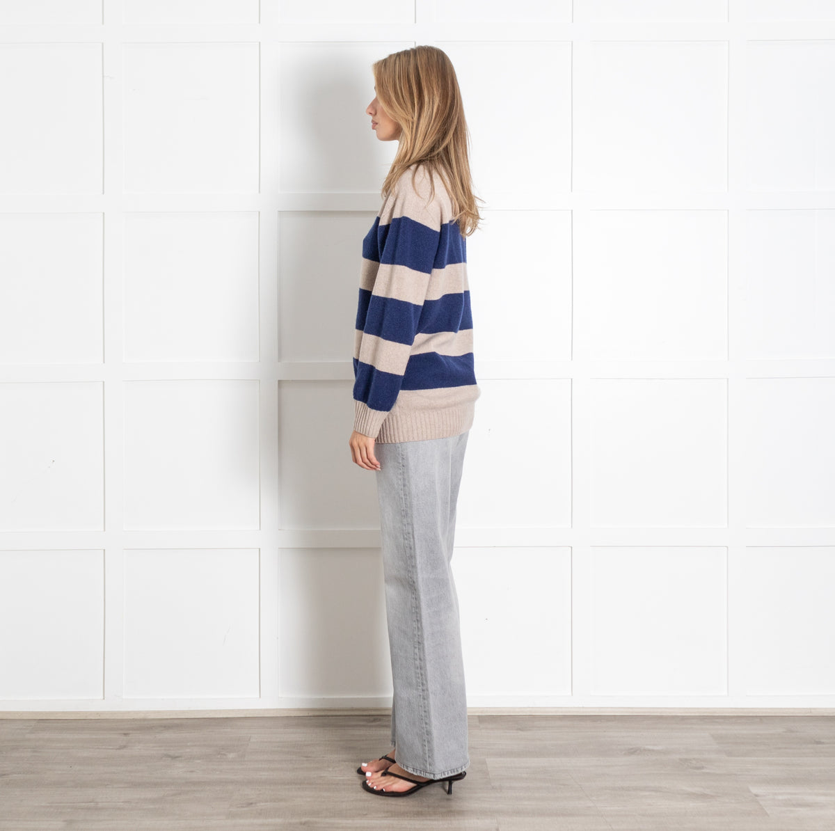 Really Wild Beige & Navy Striped Crewneck Sweater - Image 4
