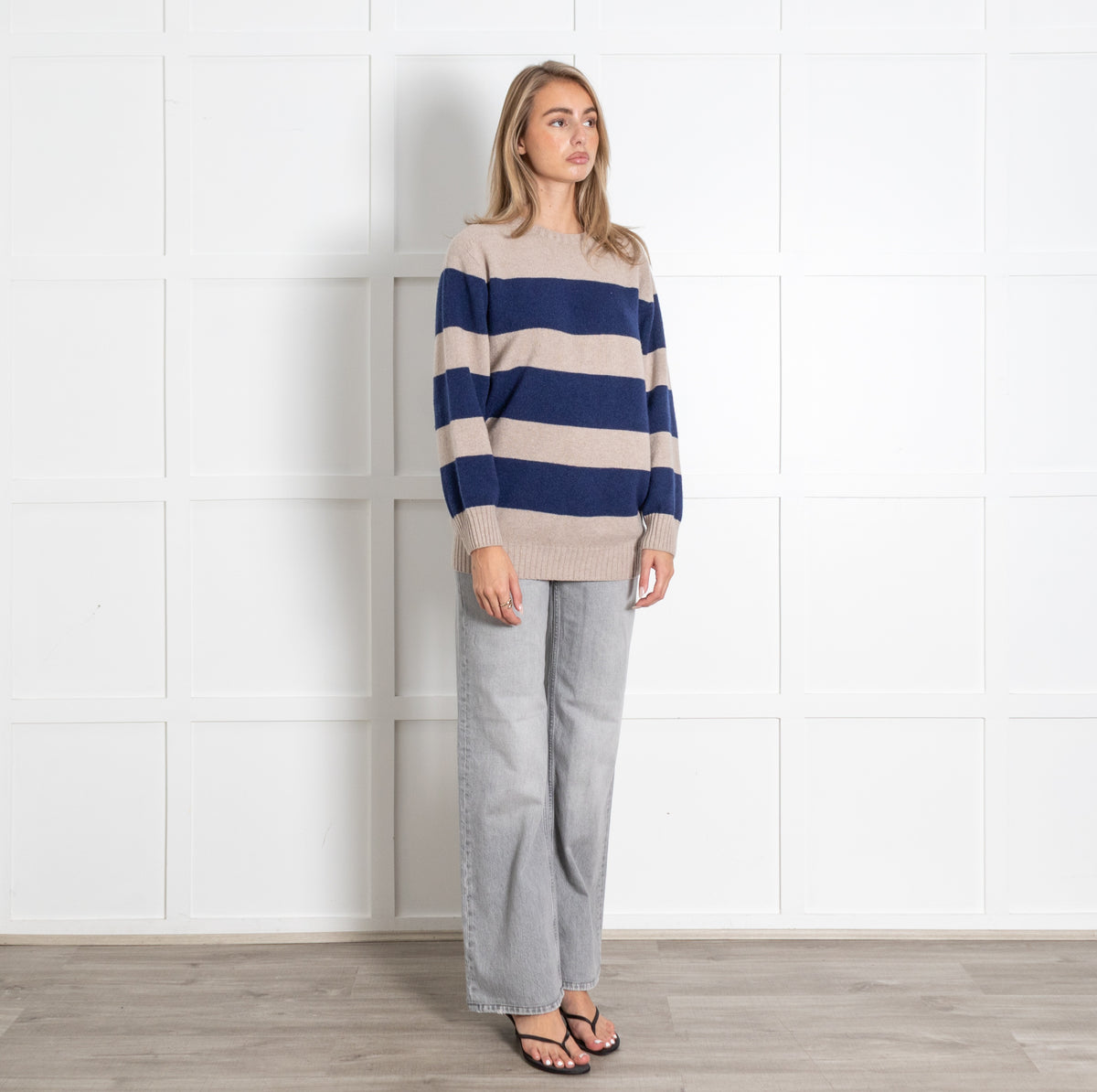 Really Wild Beige & Navy Striped Crewneck Sweater - Image 7