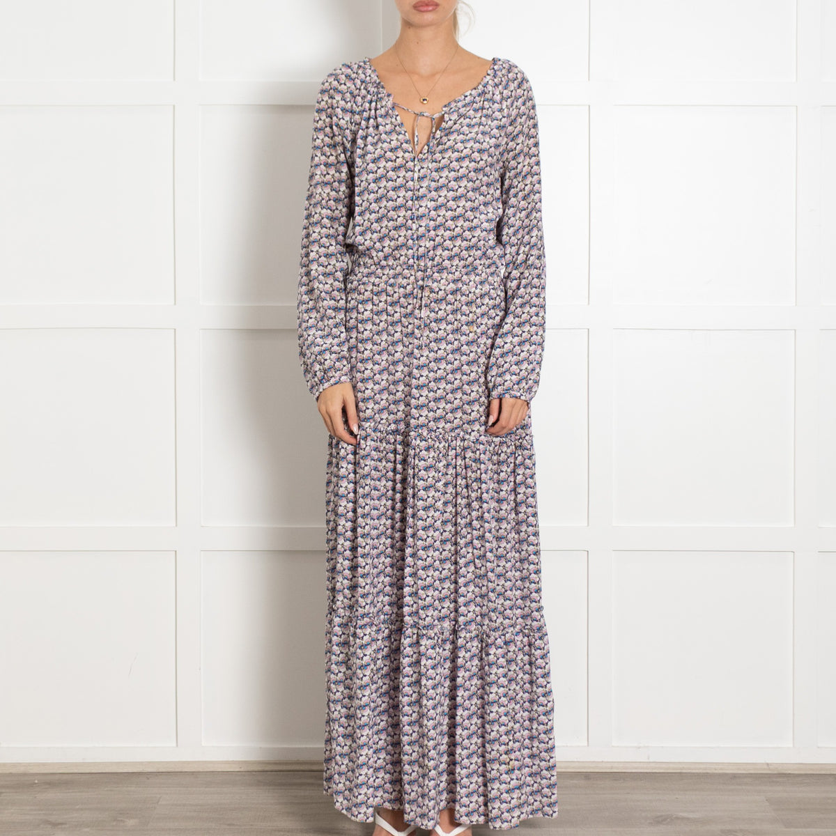 Ridley Purple White Lilac Floral Tiered Silk Maxi Dress UK 6 - Image 2