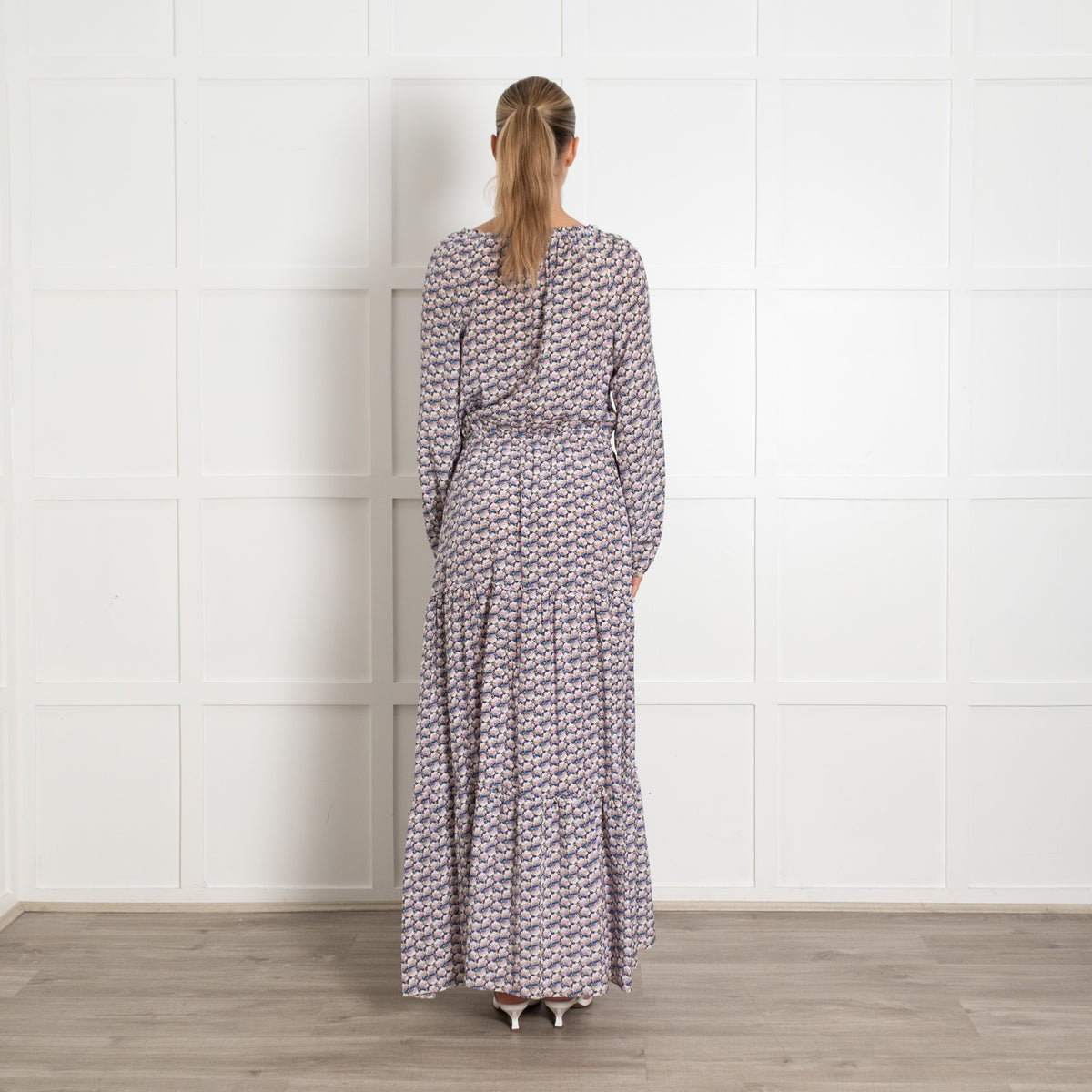 Ridley Purple White Lilac Floral Tiered Silk Maxi Dress UK 6 - Image 5