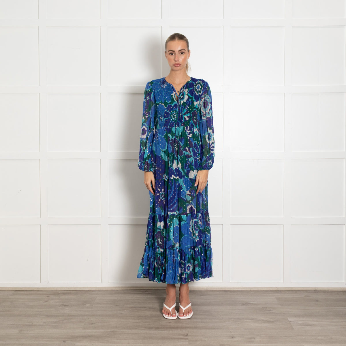 Rixo London Blue Green Gold Fleck Sleeved Maxi Dress - Image 1