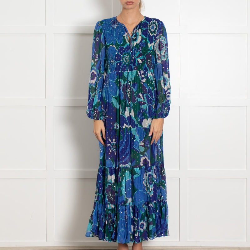 Rixo London Blue Green Gold Fleck Sleeved Maxi Dress - Image 2