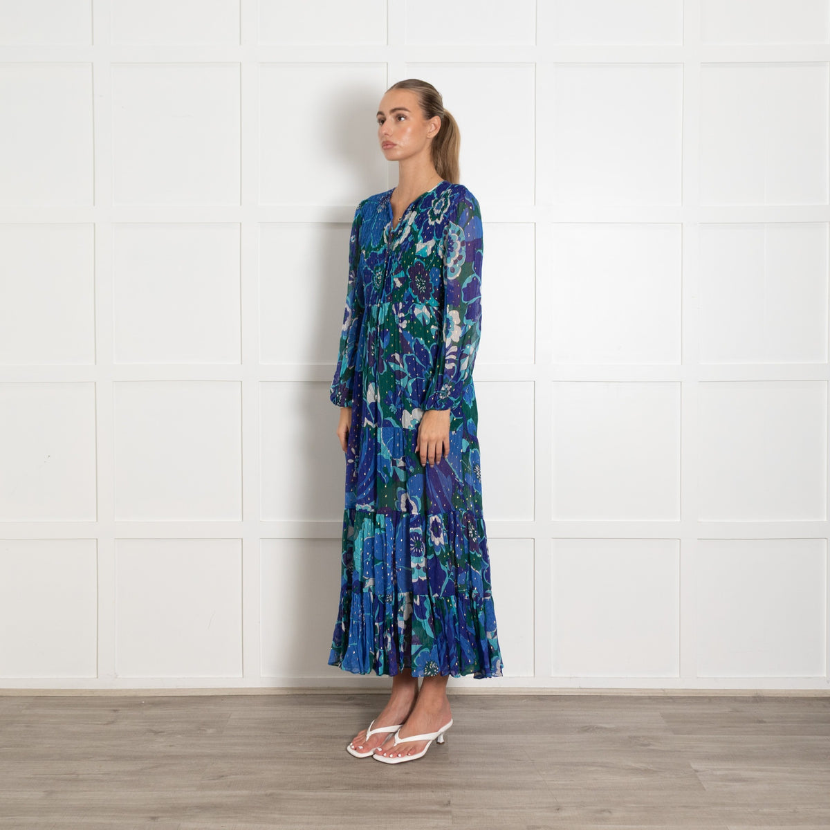 Rixo London Blue Green Gold Fleck Sleeved Maxi Dress - Image 3