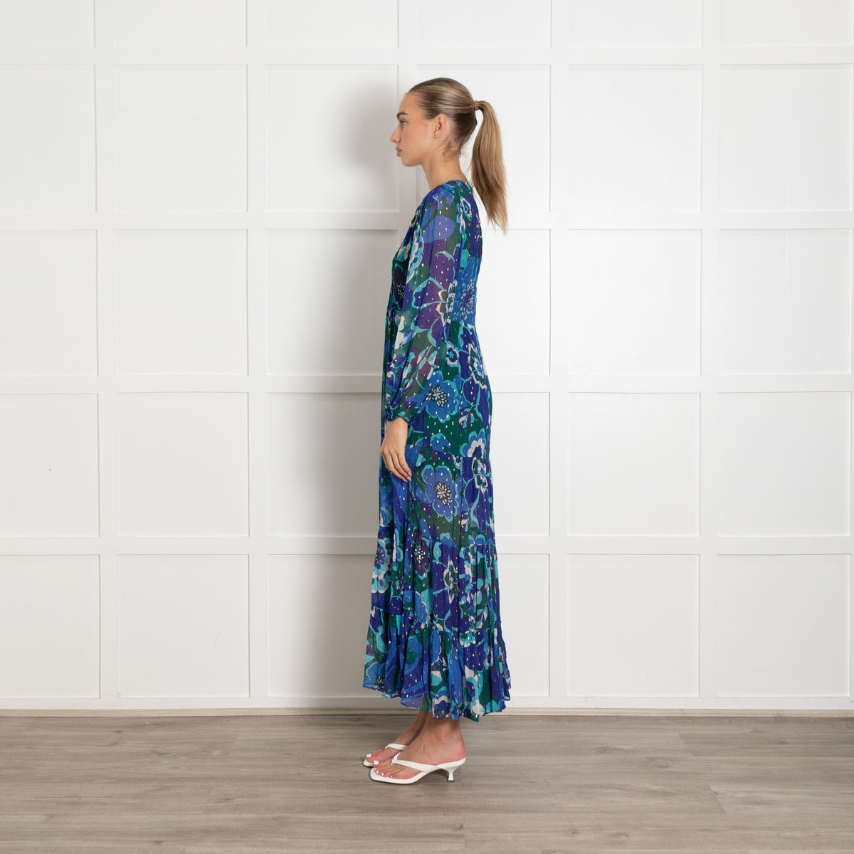 Rixo London Blue Green Gold Fleck Sleeved Maxi Dress - Image 4