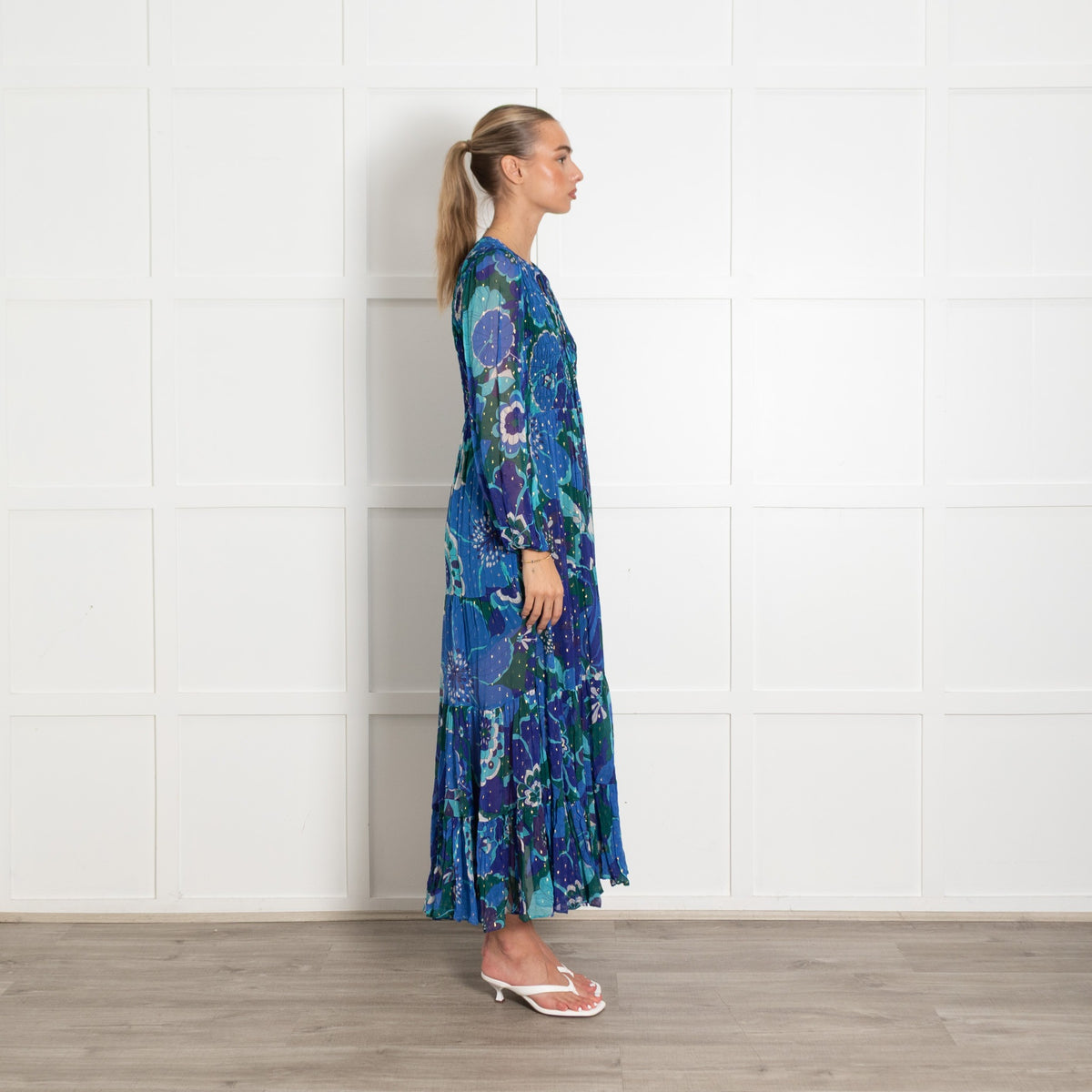 Rixo London Blue Green Gold Fleck Sleeved Maxi Dress - Image 6
