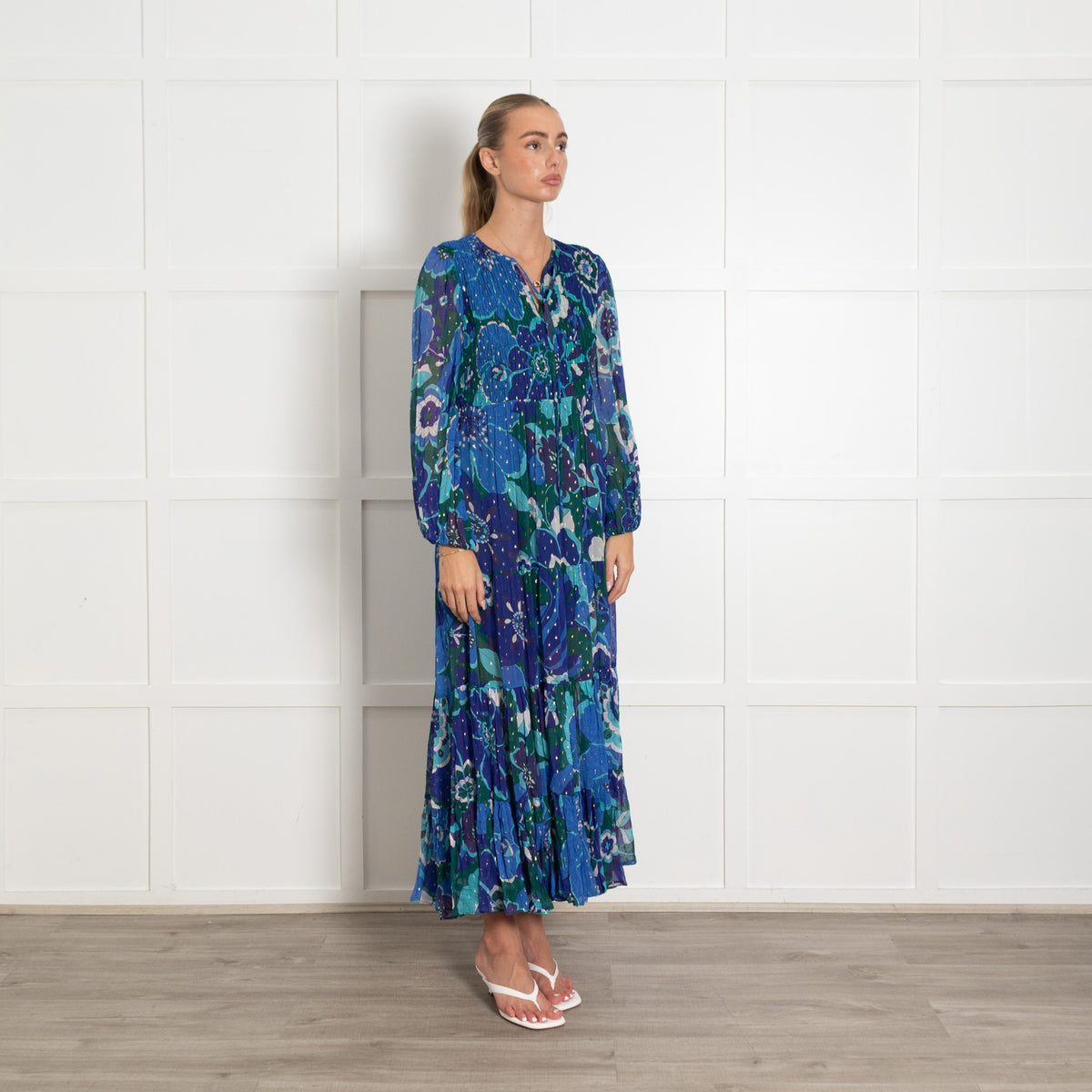 Rixo London Blue Green Gold Fleck Sleeved Maxi Dress - Image 7