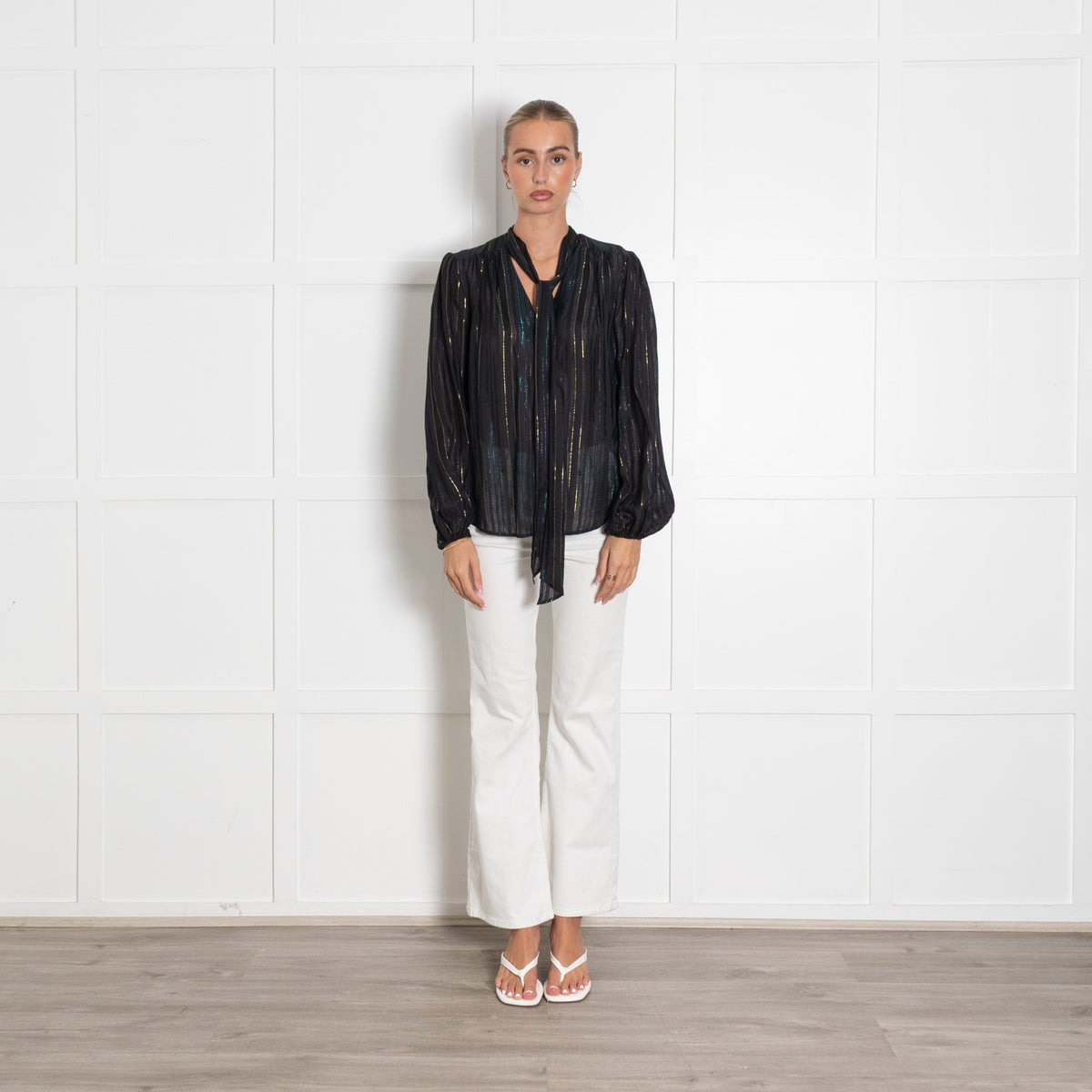 Rixo Black Rainbow Lurex Stripe Pussy Bow Blouse - Image 1
