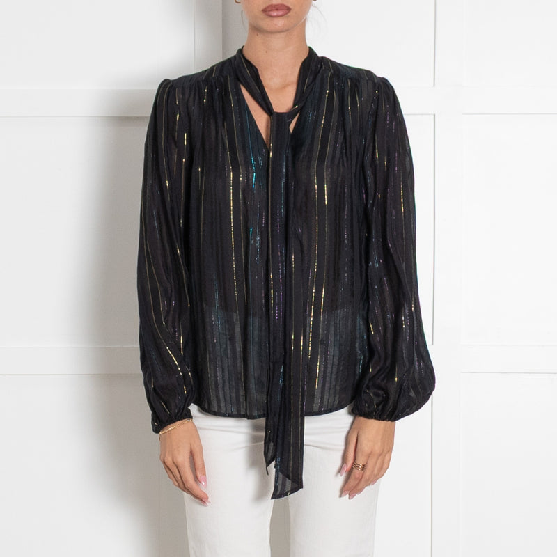Rixo Black Rainbow Lurex Stripe Pussy Bow Blouse - Image 2